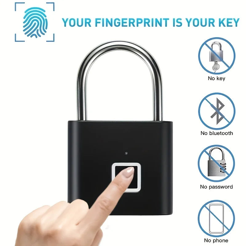 Black Silver Keyless USB Rechargeable Door Lock Fingerprint Smart Padlock Quick Unlock Zinc Alloy Metal Self Developing Chip